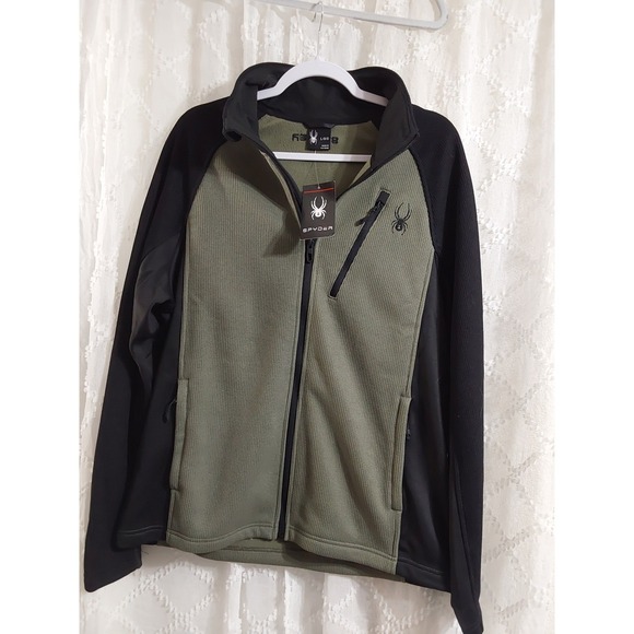 Spyder Mens Full Zip Fleece Jacket Olive Green Black Waffle Knit Large NWT - Picture 1 of 3